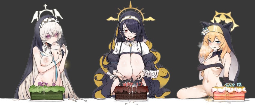 3_girls 8_ni birthday_cake black_gloves black_hair blue_archive blue_eyes breast_milk breast_sucking breasts breasts_squeezed_together cake cross cross_necklace female_only food gloves hair_over_one_eye halo hand_milking hinata_(blue_archive) huge_breasts jewelry lactation long_hair mari_(blue_archive) naked necklace nipples nude nun orange_hair peeing pubic_hair purple_eyes pussy_juice red_eyes sakurako_(blue_archive) self_breast_sucking small_breasts uncensored urination urine urine_pool urine_puddle very_long_hair white_hair young