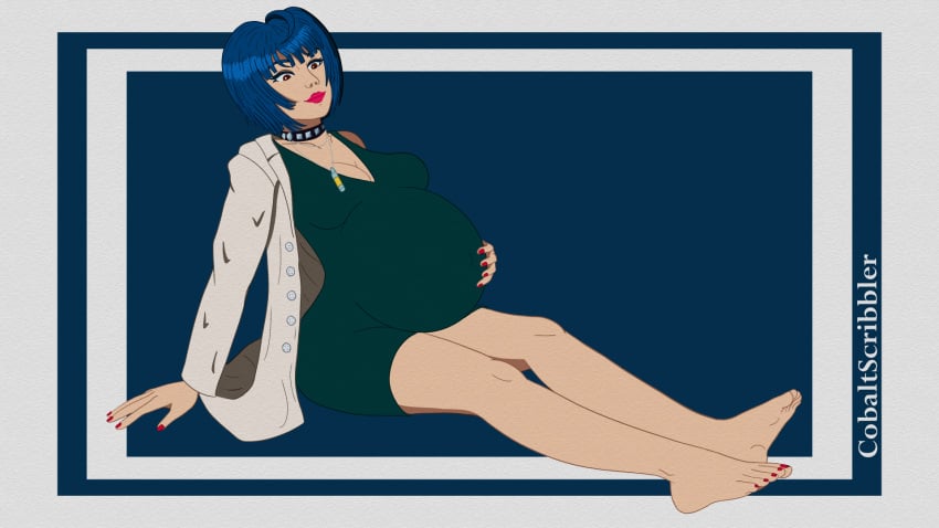 1girls atlus bare_feet bare_legs bare_shoulder barefoot belly belly_button blue_hair brown_eyes calves choker cleavage coat cobaltscribbler doctor dress feet female female_only fingernail_polish fingernails green_dress labcoat legs megami_tensei persona persona_5 pregnancy pregnant pregnant_belly sega sitting smile solo solo_female solo_focus tae_takemi thighs tight_clothing tight_dress toenail_polish toenails toes