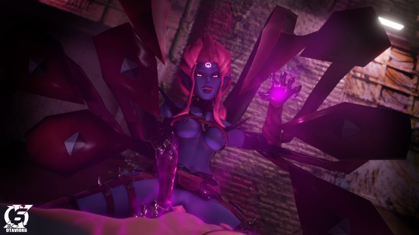 1male1female 3d blue_skin breasts breasts_out claws cum cum_inside evelynn league_of_legends long_ears looking_at_viewer male_penetrating male_penetrating_female otaviox6 partially_clothed pierced_nipples piercing pink_eyes pink_hair pussy riding_penis riot_games succubus tongue_out