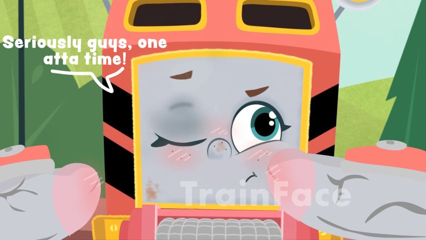 2boys1girl artstyle_imitation blush blushing_penis cock cute dialogue digital_media_(artwork) double_handjob female freckles freckles_on_face handjob locomotive male mattel sandy_the_rail_speeder sex shortstack teal_eyes thomas_and_friends thomas_and_friends_all_engines_go threesome train vein veiny_penis wheel wheels young