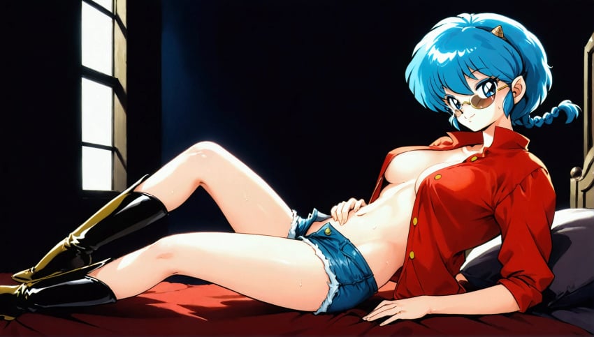 1girls ai_generated blue_eyes blue_hair female female_only generated_by_nanek glasses lum oni_horns pointy_ears ranma-chan ranma_1/2 seaart.ai solo unbuttoned urusei_yatsura