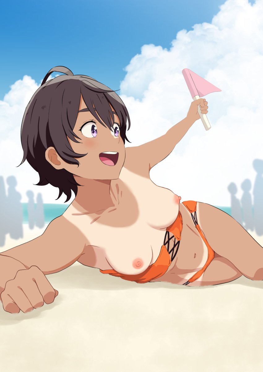 1girls beach breasts brown_hair exposed_breasts female female_only make_heroine_ga_oo_sugiru! medium_breasts nipples purple_eyes sarura short_hair swimsuit swimwear tan tanline tanlines tanned_female tanned_skin tomboy wardrobe_malfunction yakishio_lemon