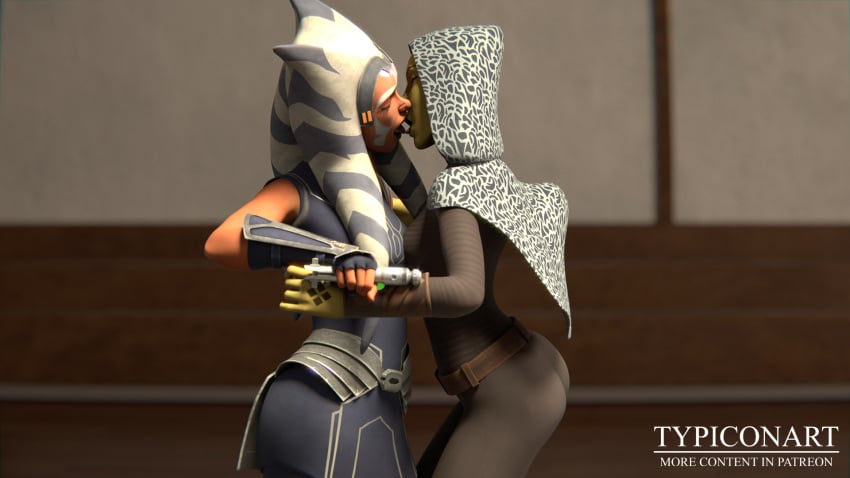 2girls 3d ahsoka_tano ass ass_focus barriss_offee blender_(software) blender_cycles breasts clothed female female_only kissing lesbian lightsaber mirialan multiple_girls patreon patreon_username self_upload standing star_wars the_clone_wars:_season_seven togruta tongue typiconart yuri