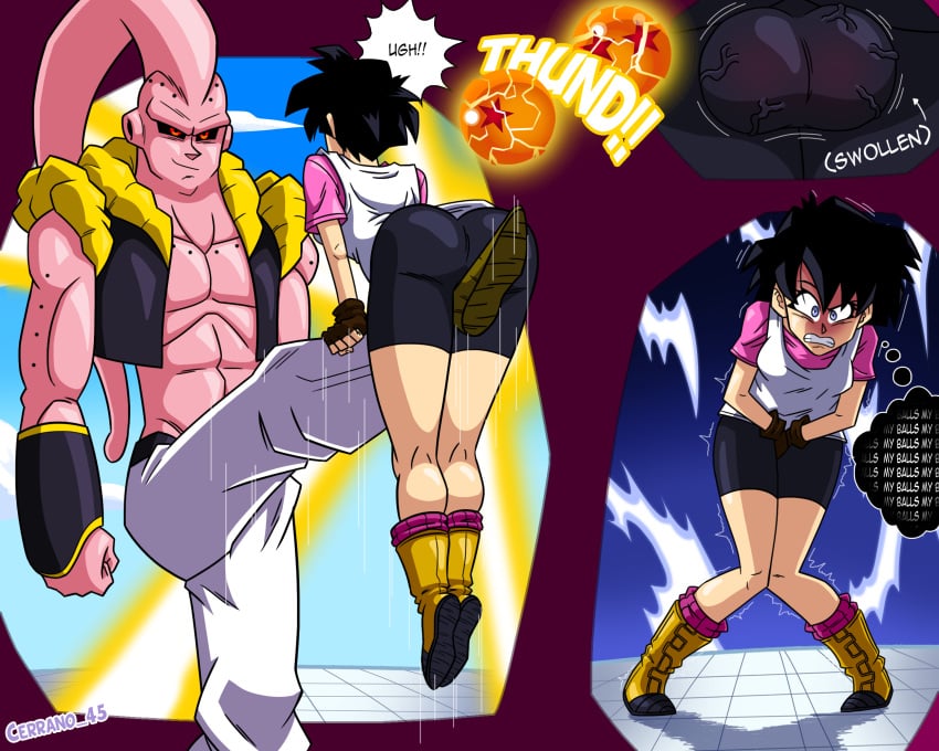 1boy ambiguous_gender ass ass_focus ballbusting black_hair black_shorts cerrano_45 cock_and_ball_torture dragon_ball dragon_ball_z female full_body futanari implied_futanari majin_buu short_hair shorts videl