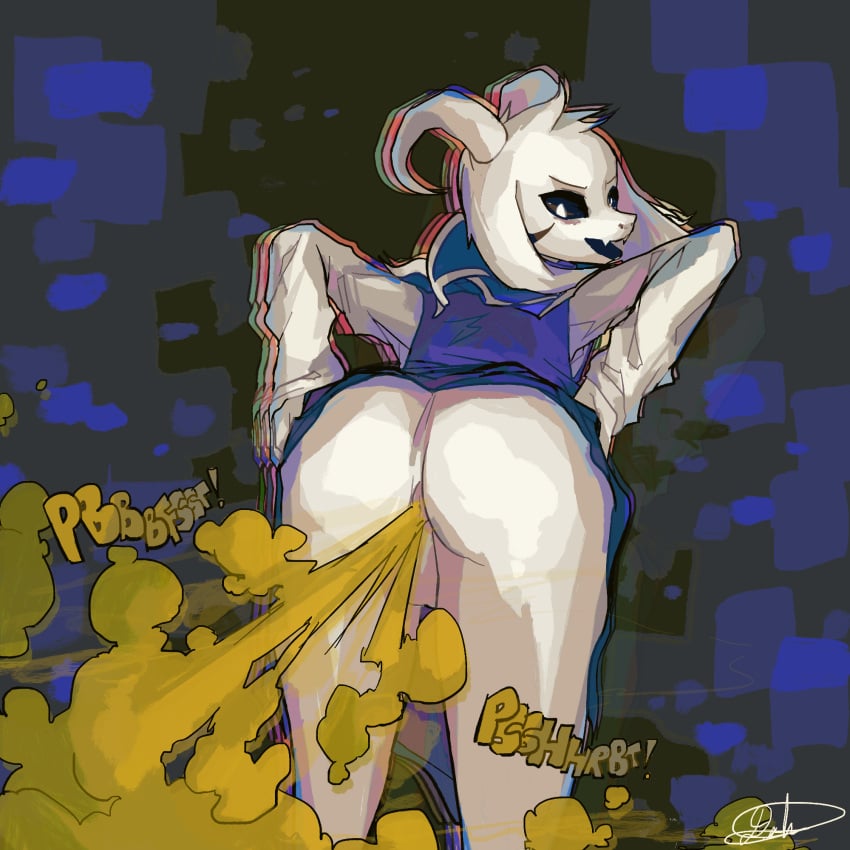 1boy anthro anus asriel_dreemurr asriel_dreemurr_(god_form) ass back_view balls bent_over big_ass fart fart_cloud fart_fetish farting furry goat horns male male_fart male_only solo solo_male undertale usagaijin white_fur