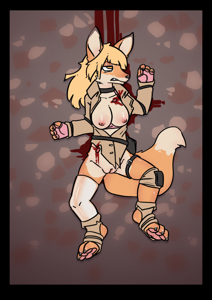 3_toes anthro big_breasts black_border blonde_hair blood blood_pool bodily_fluids border bottomless bra_down breasts bullet_wound canid canine choker clitoris clothed clothing corpse countershade_torso countershading crowskull death dipstick_tail eye_roll fatal_wound feet female female_death fingerless_gloves fluffy fluffy_tail fox genitals gloves gore gunshot_wound hair handwear hi_res iron_desert jewelry killing mammal markings morbid necklace nipples nude partially_clothed partially_clothed_female pawpads pussy soles solo spread_legs spreading tail tail_markings toes topwear topwear_only vest vest_only