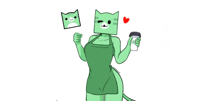 cube_98_(geometry_dash) cup feline geometry_dash green_clothing green_fur heart humanoid iced_latte_with_breast_milk icroasant juniper_gd meme robe tagme wink