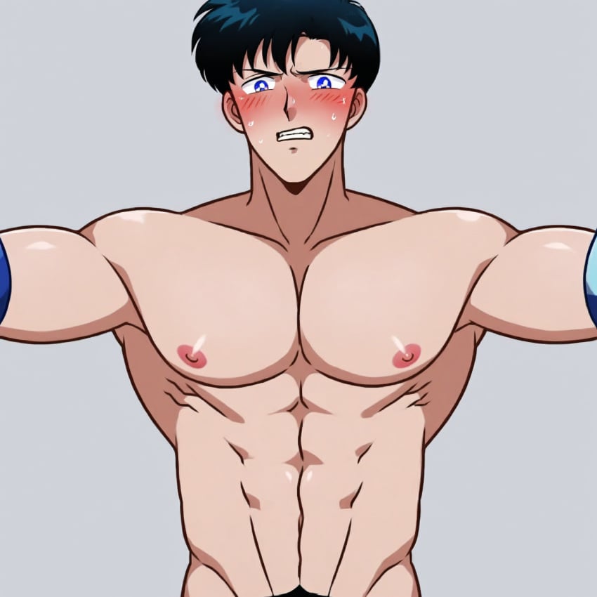 1boy abs ai_generated bishoujo_senshi_sailor_moon black_hair blue_eyes blush chest etux male male_nipples male_only mamoru_chiba pale_skin pecs solo solo_male tuxedo_mask