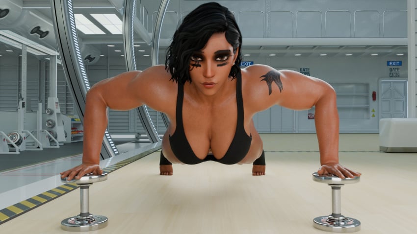 1girls 3d abs adidas ass big_ass big_breasts blizzard_entertainment breasts burningastral dark-skinned_female dark_skin fareeha_amari female female_only fit fit_female gloves grin gritted_teeth gym mature_female midriff muscular muscular_female overwatch overwatch_2 panties pharah sneakers socks solo solo_focus sports_bra sportswear straight_hair tagme thick_thighs wide_hips