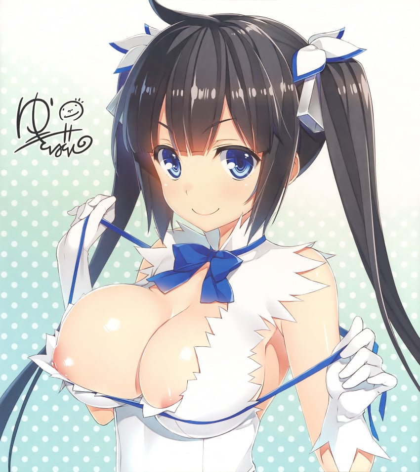 absurdres areola_slip areolae arm_ribbon backless_outfit bare_shoulders black_hair blue_bow blue_eyes blue_neckwear blue_ribbon bow bowtie breasts cleavage cleavage_cutout closed_mouth dress dungeon_ni_deai_wo_motomeru_no_wa_machigatteiru_darou_ka female gloves gradient gradient_background hair_ornament hair_ribbon hands_up hestia_(danmachi) highres holding_ribbon large_breasts long_hair looking_at_viewer nipples open-back_dress polka_dot polka_dot_background puffy_nipples rei_no_himo ribbon scan shiny shiny_skin short_dress signature skindentation sleeveless sleeveless_dress smile solo source_request standing twintails upper_body very_long_hair white_dress white_gloves yuuki_hagure