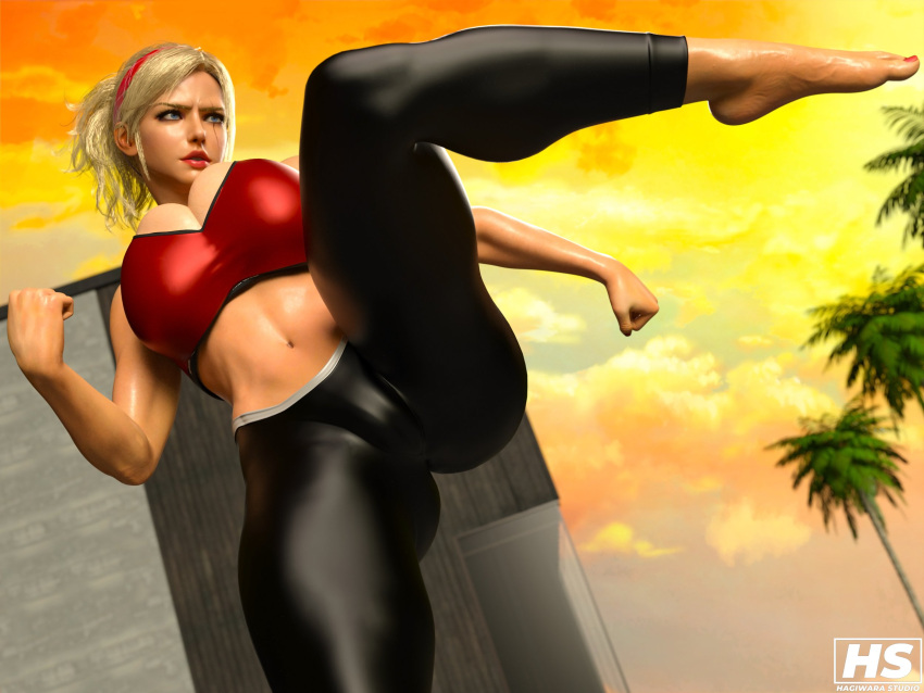 1girls 3d ass big_ass big_breasts blonde_hair breasts female female_only hagiwara_studio headband hi_res high_resolution highres lidia_sobieska namco ponytail prime_minister solo sports_bra sportswear tagme tekken tekken_8 thick_thighs tights