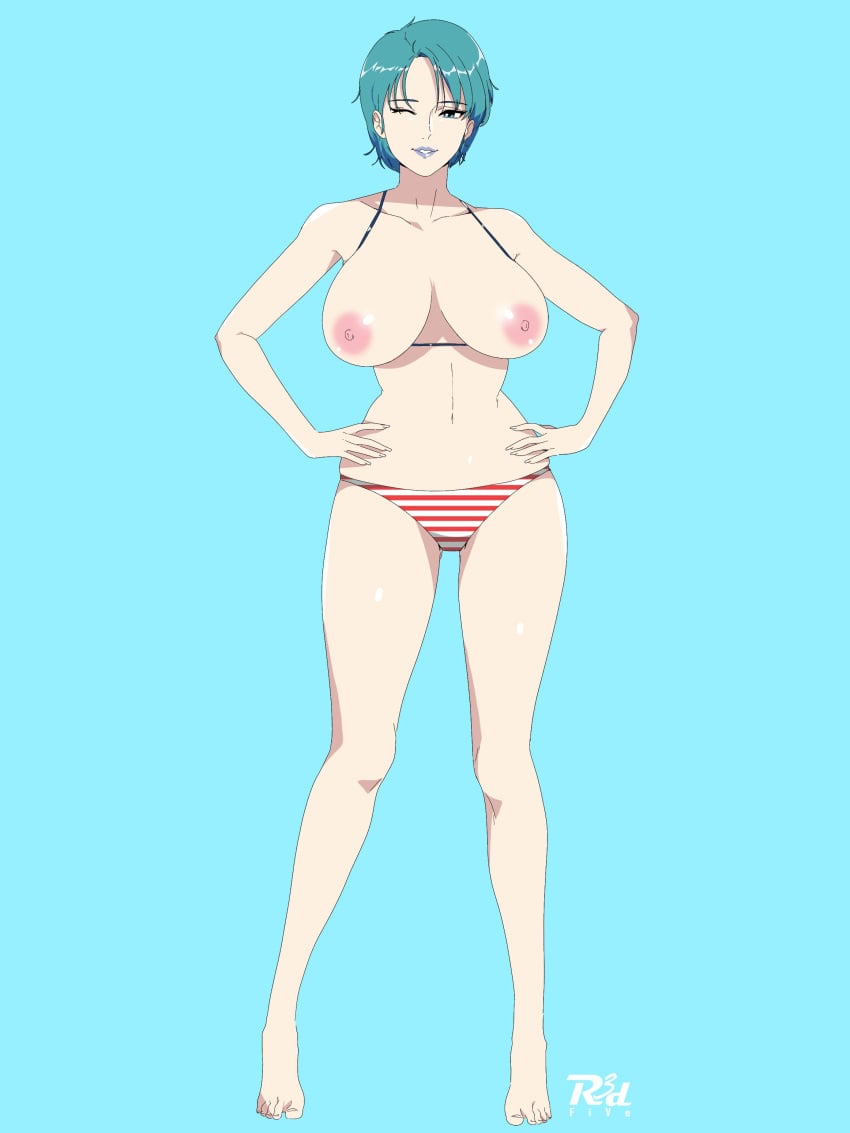 1girls 2021 2d 2d_(artwork) absurd_res absurd_resolution absurdres american_flag american_flag_bikini artist_signature bikini blue_background blue_eyes blue_lipstick breasts curvaceous exposed_breasts female four_murasame full_body green_hair gundam hanging_breasts human large_breasts light-skinned_female light_skin lipstick looking_at_viewer nipples pinup r3dfive short_hair solo solo_female solo_focus standing topless topless_female wide_hips wink zeta_gundam