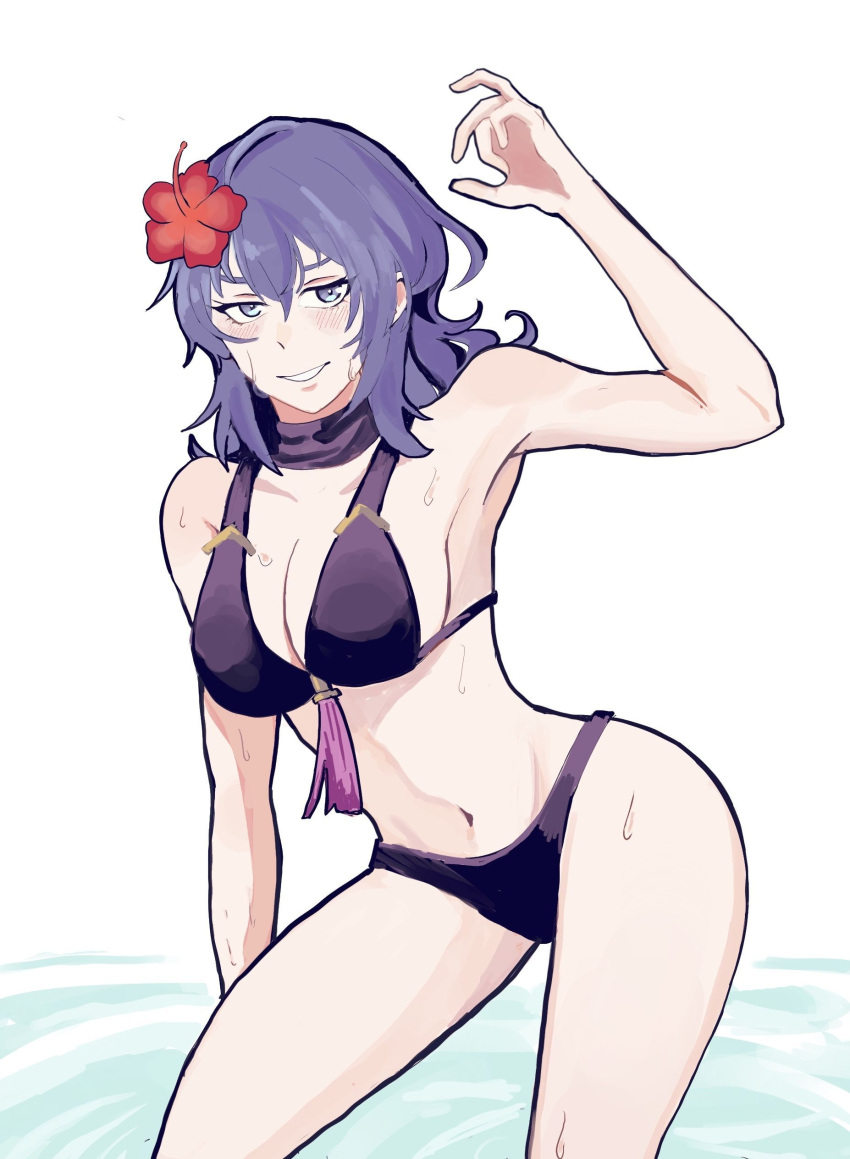 alternate_costume bikini black_bikini black_swimsuit blue_eyes breasts byleth_(female)_(summer)_(fire_emblem) byleth_(fire_emblem) byleth_(fire_emblem)_(female) female female_only fire_emblem fire_emblem:_three_houses fire_emblem_heroes nintendo official_alternate_costume ponzuponta39 solo swimsuit teal_hair