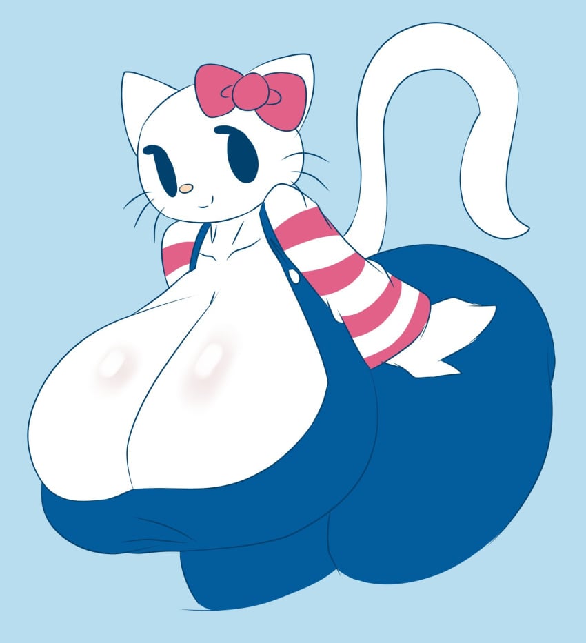 1girls adorable big_breasts blue_background blue_clothing bow bow_on_head breasts breasts_bigger_than_head breasts_bigger_than_torso breasts_out cat_humanoid closed_mouth closed_smile clothed clothing cute cute_face feline female female_focus female_only furry happy hello_kitty hello_kitty_(character) hello_kitty_(series) huge_breasts hyper_breasts kitty_white mouth_closed overalls red_bow sanrio simple_background sleeves smile smiling smug smug_smile striped_clothing tha_randomu white_body white_fur