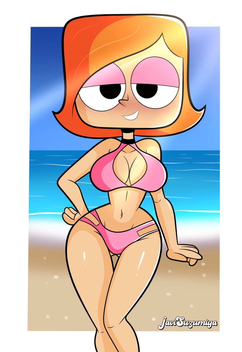 1girls beach big_breasts bikini bikini_bottom bikini_top blush bottomwear breasts cleavage debbie_turnbull debs_turnbull female female_only hair half-closed_eyes hand_on_hip hips huge_breasts javisuzumiya mature mature_female mature_woman milf mother orange_hair pink_bikini robotboy smile solo solo_female swimwear topwear wide_hips