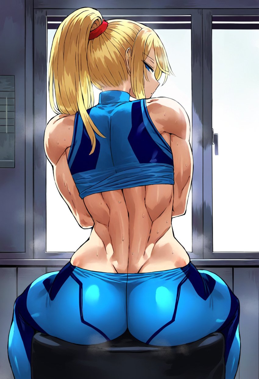 1girl 1girls ai_generated back_muscles back_view big_ass blonde_hair bodysuit clothed clothed_female fat_ass female_focus female_only giant_ass half-closed_eyes huge_ass huge_butt latex latex_suit looking_at_viewer looking_back looking_over_shoulder metroid metroid_prime muscle_girl muscle_mommy muscles muscular muscular_female nintendo plump_ass plump_butt ponytail samus_aran shirt_lift shirt_up skin_tight solo solo_female solo_focus steaming_body sweat sweating sweaty tight_clothing toned toned_body toned_female viewed_from_behind zero_suit zero_suit_samus