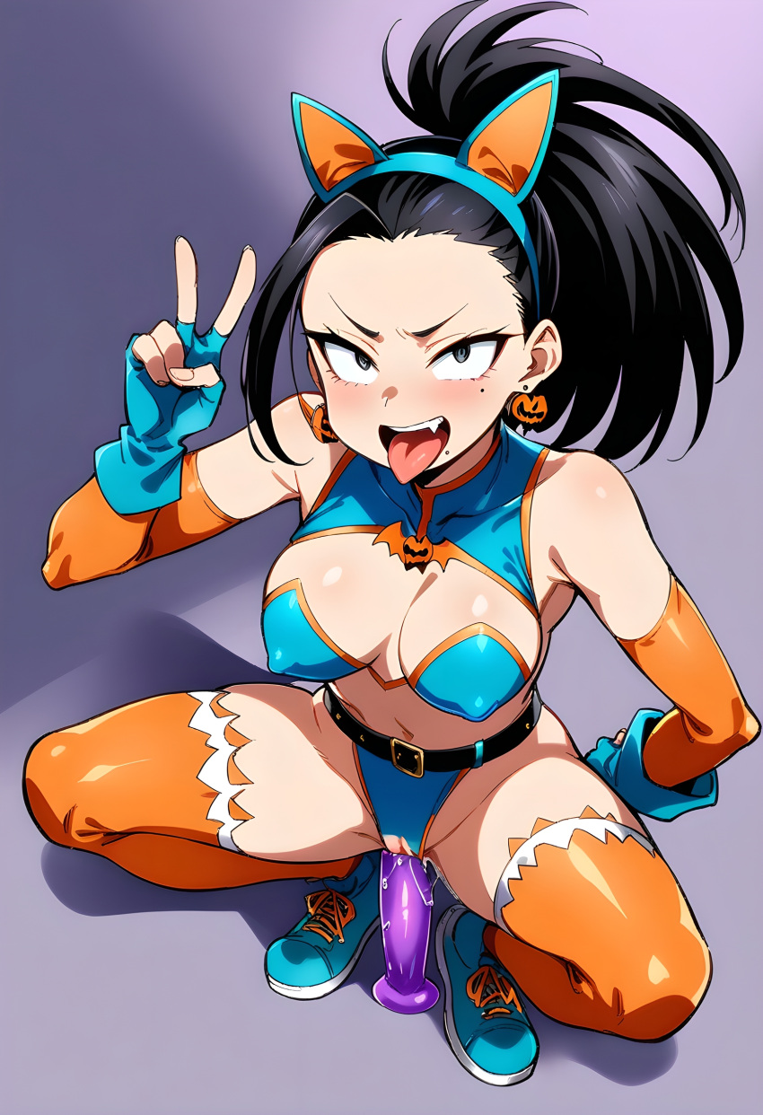 1girls ai_generated aqua_bra aqua_gloves black_hair boku_no_hero_academia dildo dildo_in_pussy fake_animal_ears halloween_costume momo_yaoyorozu my_hero_academia orange_legwear peace_sign ponytail shoes tongue