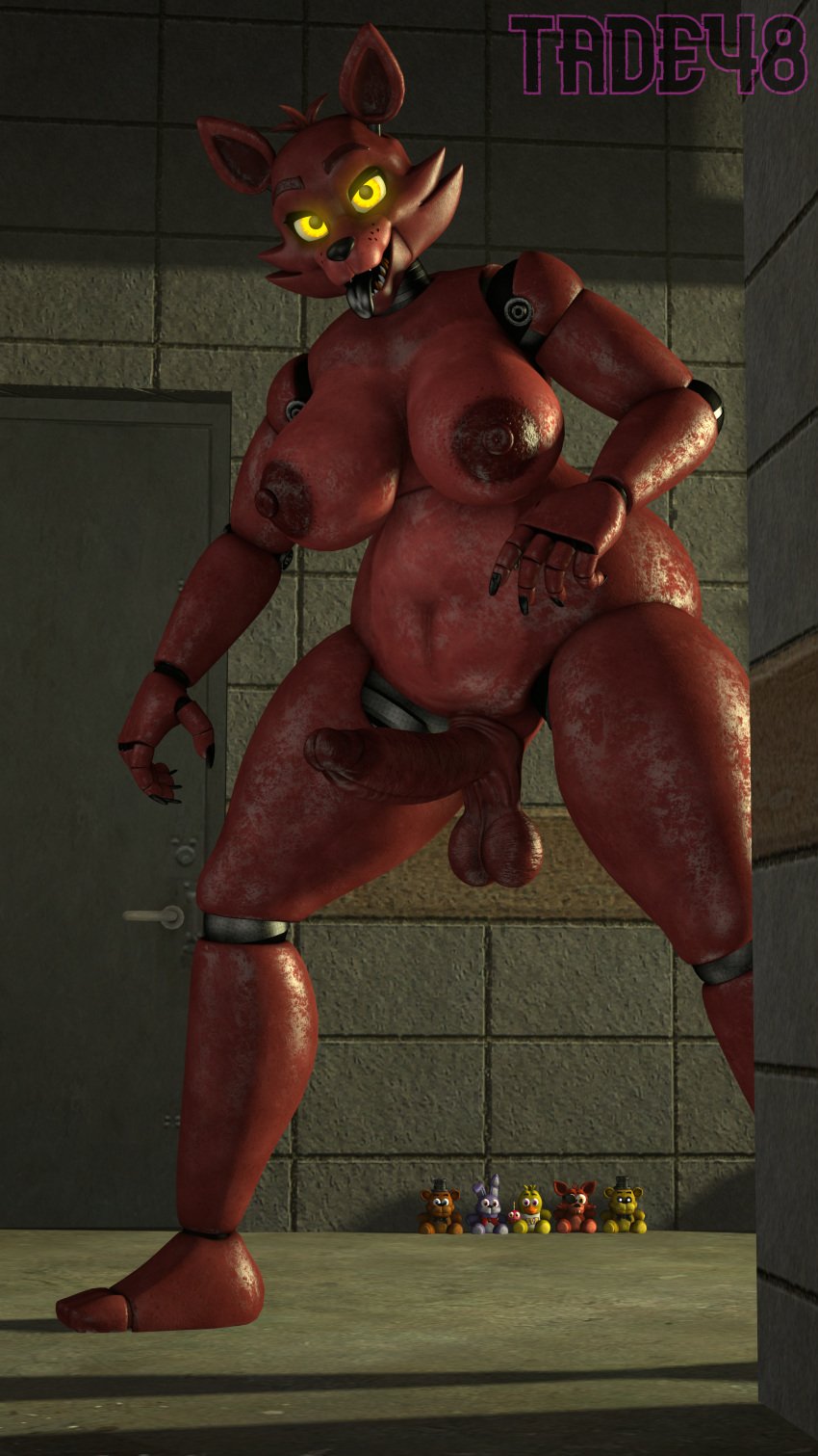 absurd_res animatronic anthro areola balls big_balls big_breasts big_penis breasts canid canine erection five_nights_at_freddy's fox foxy_(fnaf) genitals glowing glowing_eyes gynomorph hi_res intersex machine mammal nipples nude open_mouth penis robot scottgames solo tade48 thick_thighs tongue tongue_out yellow_eyes
