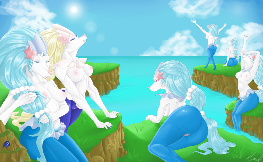 2018 5_fingers 6girls alternate_color anthro areolae armpits arms_up back big_ass blonde_hair blue_eyes blue_fur blue_hair breasts cloud day eyelashes eyeshadow feet female food fruit grass hamili lips lipstick long_hair long_nails looking_at_viewer looking_back makeup mammal marine multiple_girls nail_polish nintendo nipples nude ocean open_mouth outdoors pink_nipples pink_nose pinniped pokémon_(species) pokemon pokemon_(species) pokemon_sm pokemorph ponytail primarina pussy rock sea shiny_pokemon sideboob sitting sky smile standing starfish stone stretching sun sunlight thick_thighs video_games water white_fur white_skin wide_hips