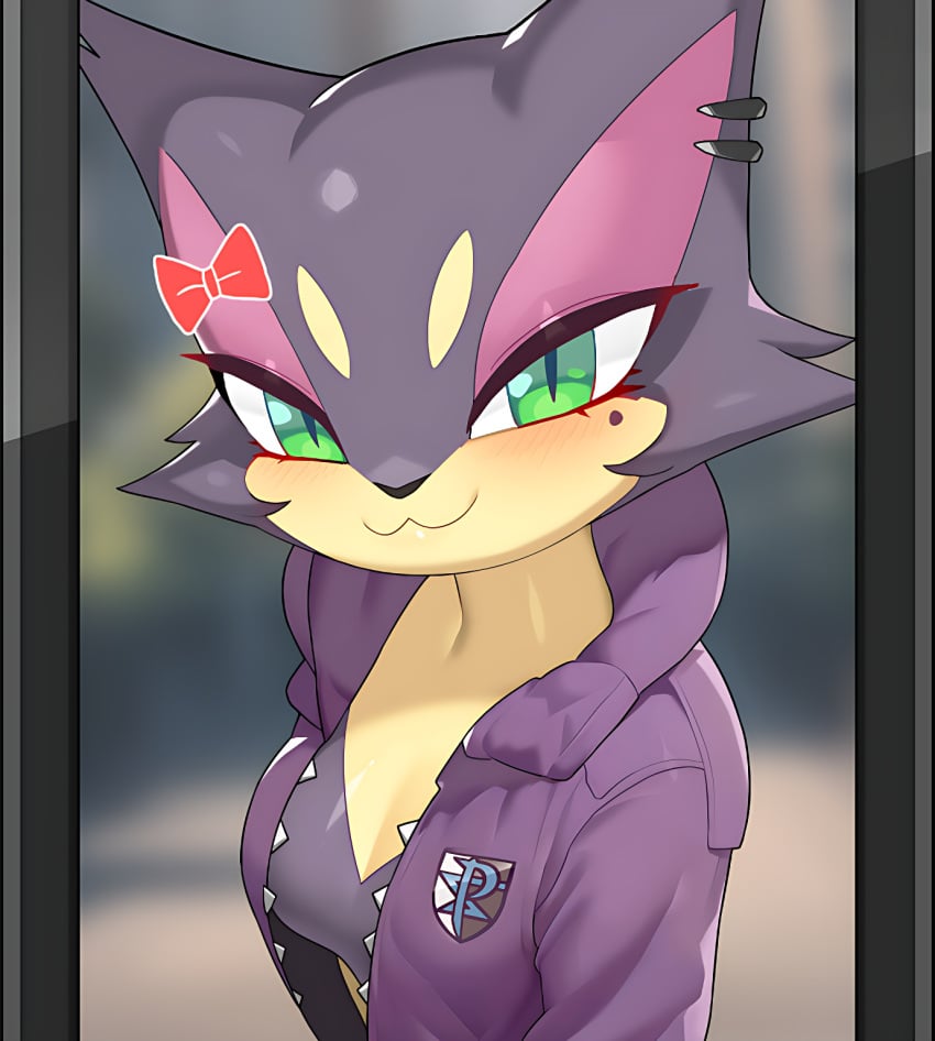 1girls 2020s 2022 absurd_res anthro beauty_mark blush bow breasts cat_ears cat_girl cat_tail catgirl cleavage cleavage_cutout clothed clothing digital_drawing_(artwork) drunkoak ear_clip felid feline felis female female_focus female_only fur furry furry_female game_freak gen_5_pokemon green_eyes highres jacket long_eyelashes mammal mole_on_cheek nintendo pokemon pokemon_(franchise) pokemon_(game) pokemon_(species) pokemon_bw purple_fur purple_jacket purrloin red_bow slit_pupils smile smiling smiling_at_viewer solo team_plasma