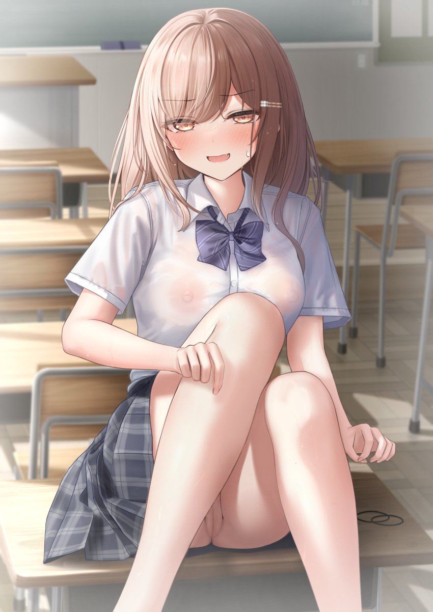 amber_eyes bangs black_skirt blue_bow blue_bowtie blue_bra blush bow bowtie bra bra_visible_through_clothes breasts brown_eyes brown_hair classroom clothes_pull collared_shirt commentary_request cute_fang desk female female_only hair_ornament hairclip highres imouto-chan_(monaka_curl) indoors large_breasts long_hair looking_at_viewer monaka_curl nipples_visible_through_clothing no no_bra no_panties on_desk original pantyhose_pull parted_lips school_uniform shirt short_sleeves sitting sitting_on_desk skirt smile solo teeth thighs underwear wet wet_clothes white_shirt