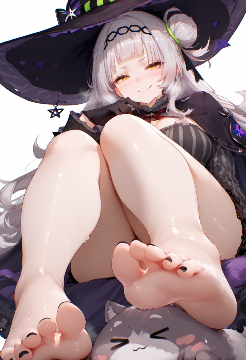 ai_generated bangs barefoot black_capelet blush breasts capelet closed_mouth feet female gloves hair_bun hairband hat hololive long_hair looking_at_viewer meyro murasaki_shion nail_polish pov_feet silver_hair sitting smile smug soles solo star_(symbol) striped toenail_polish toenails toes vertical_stripes virtual_youtuber vtuber witch_hat yellow_eyes