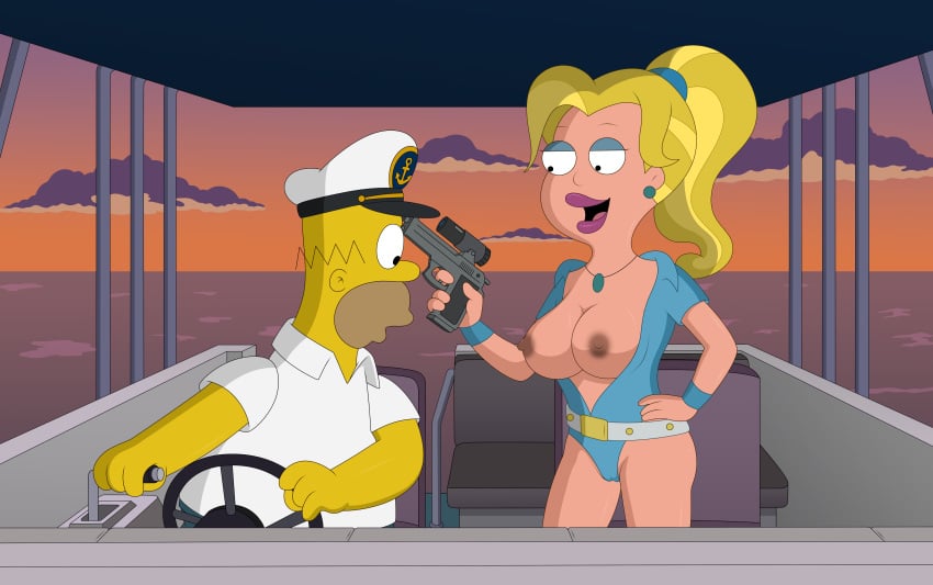 1boy 1girl 1girls american_dad big_boobs big_breasts big_tits blonde_female blonde_hair blonde_hair_female boat boat_wheel boathouse boobies boobs breasts breasts_out cameltoe crossover exposed_breasts francine_smith gp375 gun gun_to_head homer_simpson large_boobs large_breasts large_tits light-skinned_female light_skin long_hair makeup the_simpsons tight_clothing tits yellow_skin