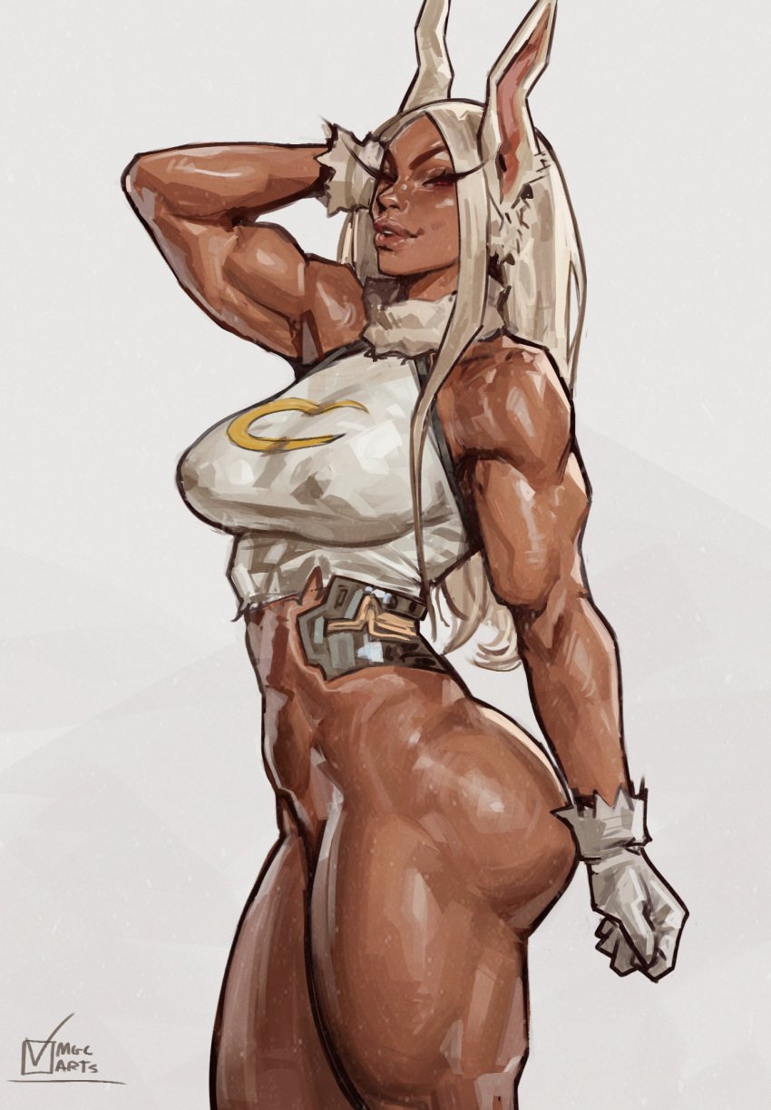 arms_up ass bottomless dark-skinned_female larg large_breasts lips magicmoonsarts mirko miruko muscular_arms muscular_female muscular_legs my_hero_academia red_eyes torn_clothes torn_leotard white_hair