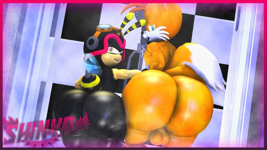 3d 3d_(artwork) anthro balls big_ass big_butt bubble_butt charmy_bee duo femboy huge_ass huge_butt male nude shinyagaia sonic_(series) tails tails_the_fox