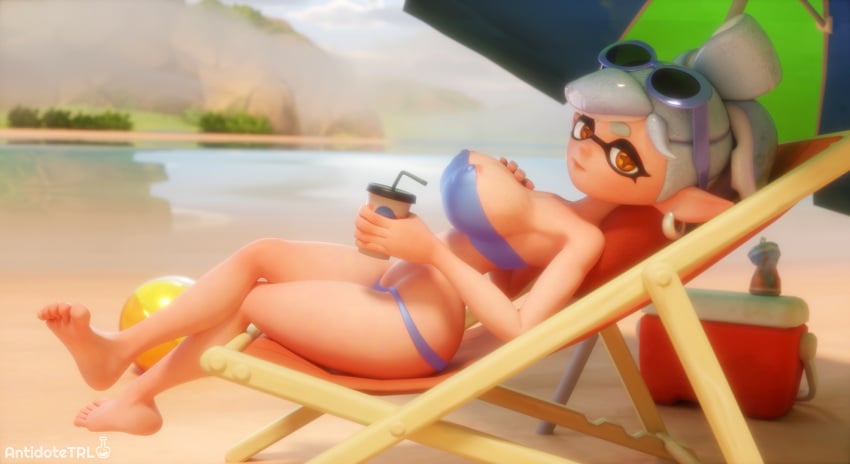 1girls 3d alternate_version_available antidotetrl areolae areolae_slip beach_chair big_breasts bikini bikini_bottom bikini_top blue_bikini bottomwear breasts drink ear_piercing earrings feet female female_only headwear holding_drink huge_breasts marie_(splatoon) marie_(wo262) nintendo nipple_bulge pointy_ears solo solo_female splatoon sunglasses sunglasses_on_head swimwear topwear tubetop white_hair yellow_eyes