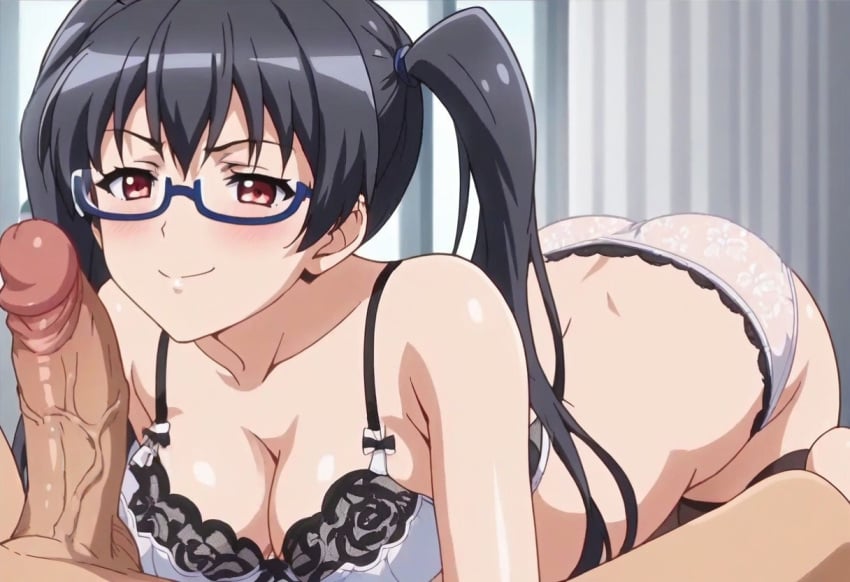 1boy 1girls ai_generated all_fours ass bare_shoulders bent_over big_breasts black_hair bra breasts busty cleavage collarbone eroge!_h_mo_game_mo_kaihatsu_zanmai female gastkeser82 glasses kosaka_iori large_breasts long_twintails looking_at_penis lust lustful_gaze naughty_face panties penis penis_awe red_eyes smile smug spread_legs thighhighs twintails underwear veiny_penis