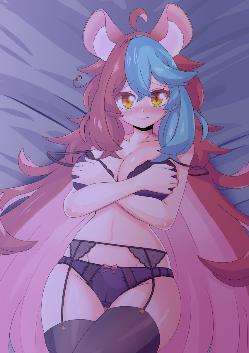 big_breasts black_panties blue_hair bra breasts chinchilla chinchilla_girl covering_breasts garter_belt garter_straps holding_breast keiramevt kimura_senpai kimura_tao latam_virtual_youtuber lingerie long_hair long_socks lying_on_bed nervous oneeshi panties red_hair shy socks submissive submissive_female sweating taking_off_bra virtual_youtuber vtuber vtuberfanart yellow_eyes