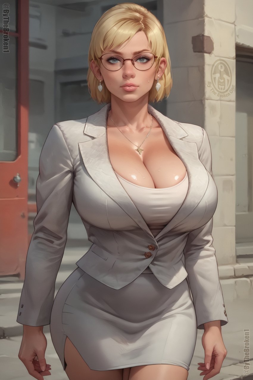 1girls ai_generated big_breasts blonde blonde_female blonde_hair busty bythebrokenone dead_rising earrings female_only glasses huge_breasts jessica_mccarney large_breasts medium_hair skirt solo solo_female tagme thick_lips thick_thighs tight_clothing top_heavy