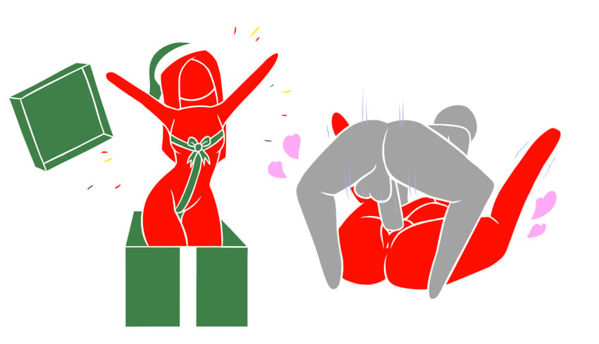 1boy 1girls box christmas digital_drawing_(artwork) digital_media_(artwork) faceless_female female harvestman_here long_hair mating_press naked_ribbon pictogirls_(harvestman) pictogram red_(harvestman) ribbon santa_hat sex simple_background stick_figure stickman white_background