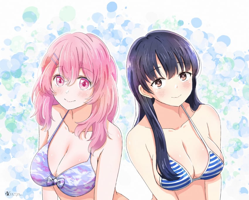 2girls absurd_res absurdres bare_arms bare_belly bare_chest bare_hands bare_midriff bare_shoulders bare_skin bare_torso belly bikini bikini_only bikini_top black_hair black_hair_female blue_background blue_bikini blue_bikini_top blue_string_bikini blue_swimsuit blue_swimwear blush blush blush_lines blushing_at_viewer blushing_female boku_no_kokoro_no_yabai_yatsu breasts brown_eyes brown_eyes_female busty cleavage collarbone covered_areola covered_areolae covered_nipples dot_nose exposed exposed_arms exposed_belly exposed_midriff exposed_shoulders eyebrows_visible_through_hair female female_focus female_only hair_between_eyes hairpin happy high_resolution high_school_student highres kotobuki_minami large_breasts light-skinned_female light_skin lips long_hair looking_at_viewer multiple_females multiple_girls oshi_no_ko pink_eyebrows pink_eyes pink_eyes_female pink_hair pink_hair_female purple_bikini purple_bikini_top purple_string_bikini purple_swimsuit purple_swimwear satya school_girl school_girls shiny_breasts shiny_shoulders shiny_skin shoulders simple_background slender_body slender_waist slim_girl slim_waist smile smiley_face smiling smiling_at_viewer standing straight_hair string_bikini striped_bikini striped_bikini_top striped_string_bikini striped_swimsuit striped_swimwear swimsuit swimwear teen_girl teenage_girl teenage_girls teenager thin_waist upper_body white_background yamada_anna