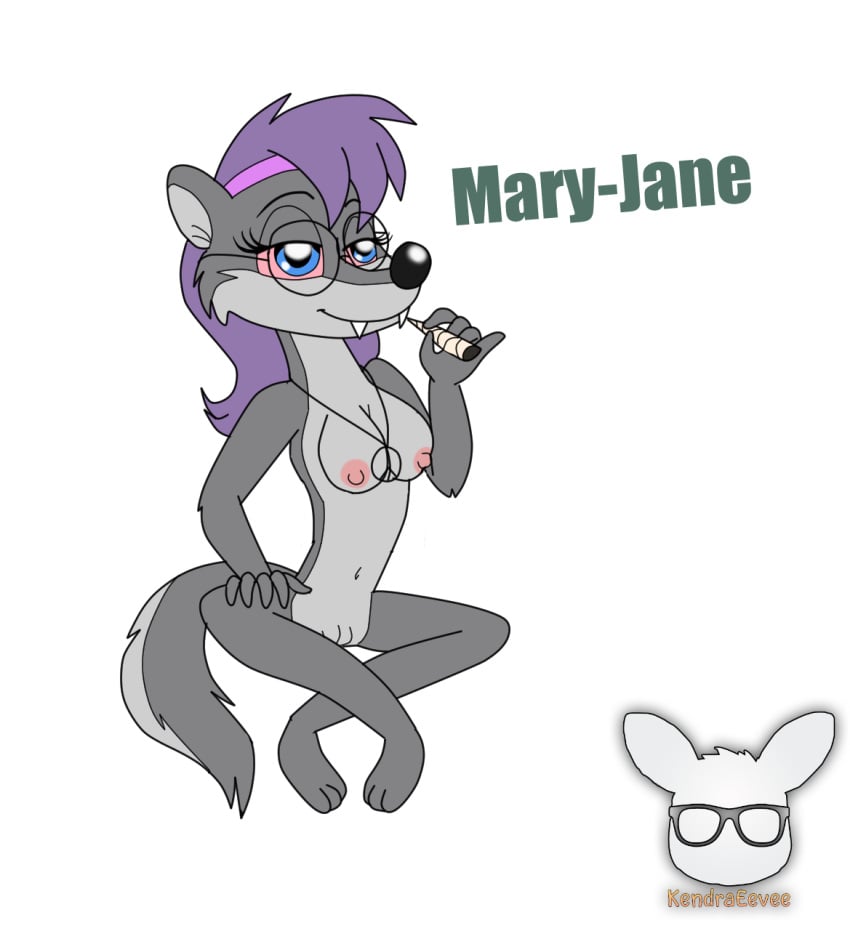 a_toon_rabbit_in_a_weasels'_den anthro bloodshot_eyes blue_eyes breasts drugs eyewear female fur genitals glasses grey_body grey_fur hair hi_res kendraeevee kendratheshinyeevee mammal marijuana mary-jane_(kendraeevee) medium_breasts mustelid musteline nude pink_sclera purple_hair pussy smoking smoking_marijuana solo true_musteline weasel