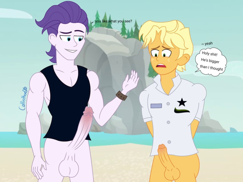 beach big_penis callisthoe06 dirk_thistleweed_(eg) equestria_girls erect_penis erection exhibitionism gay horrified_expression my_little_pony penis ragamuffin_(eg) size_comparison size_difference