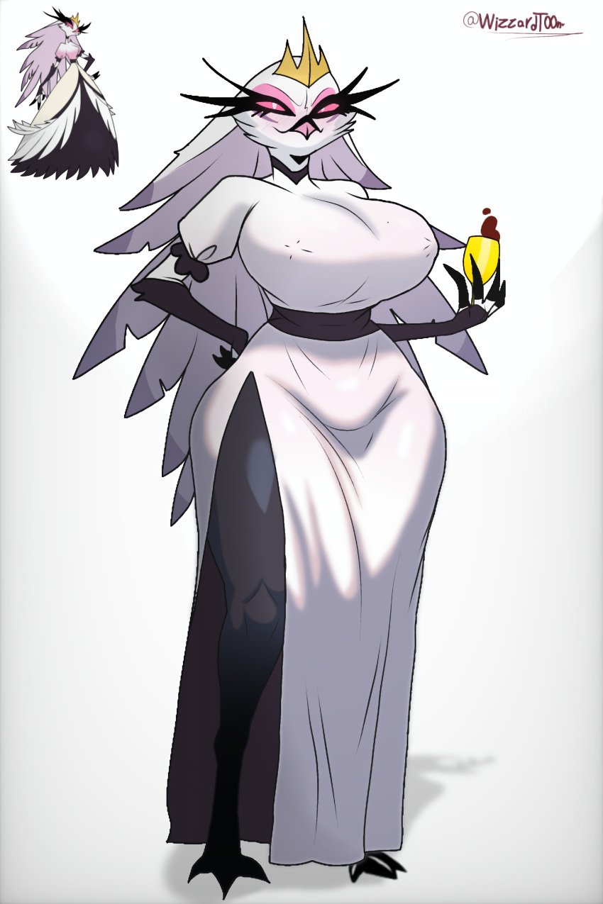 anthro avian big_breasts big_legs big_nipples big_thighs cartoonwizzard female_only goetia helluva_boss huge_breasts huge_thighs looking_at_viewer owl_demon pink_eyes stella_(helluva_boss) vivziepop white_dress yellow_eyes