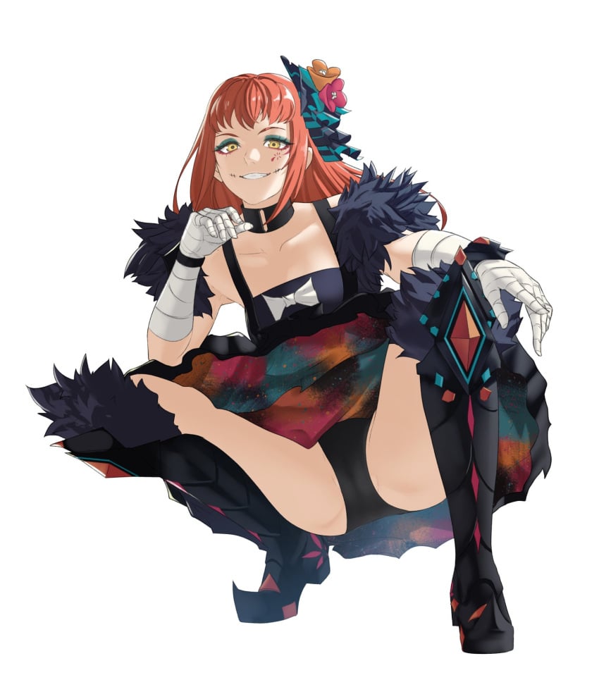 1girls bandaged_hand bandages bare_legs bare_shoulders black_choker black_dress black_footwear black_panties boots choker dress eyeshadow feather_boa female female female_only fire_emblem fire_emblem_engage grin highres legs long_hair looking_at_viewer makeup nintendo orange_hair panette_(fire_emblem) panties pantyshot pantyshot_(standing) partially_visible_vulva pomelomelon simple_background smile solo squatting underwear upskirt white_background yellow_eyes