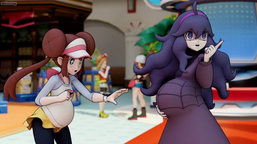 2girls 3d belly big_belly blender blender_(software) blender_cycles blue_eyes blush bow brown_hair character_in_background dress female female_only game_freak hair hair_between_eyes hair_bun hairband hat hex_maniac hi_res hilda_(pokemon) inkloving long_hair long_sleeves looking_at_another looking_away looking_up may_(pokemon) may_(pokemon_oras) nail_polish nails open_mouth painted_nails pointing_up pokemon pokemon_bw pokemon_masters pokemon_xy pregnant pregnant_belly pregnant_female purple_eyes purple_hair reaching_out rosa_(pokemon) shirt skirt star_eyes starry_eyes swirly_eyes watch watermark