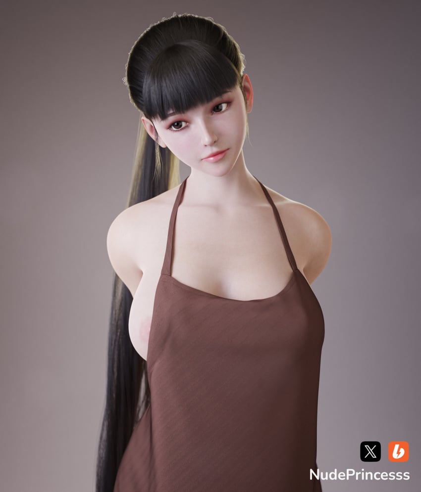 3d 3d_(artwork) 3d_model 3dcg 3dx apron_only asian bangs blender_(software) busty cute eve_(stellar_blade) half_naked natural_breasts nudeprincesss photoshop ponytail shift_up softcore solo stellar_blade teenager very_long_hair