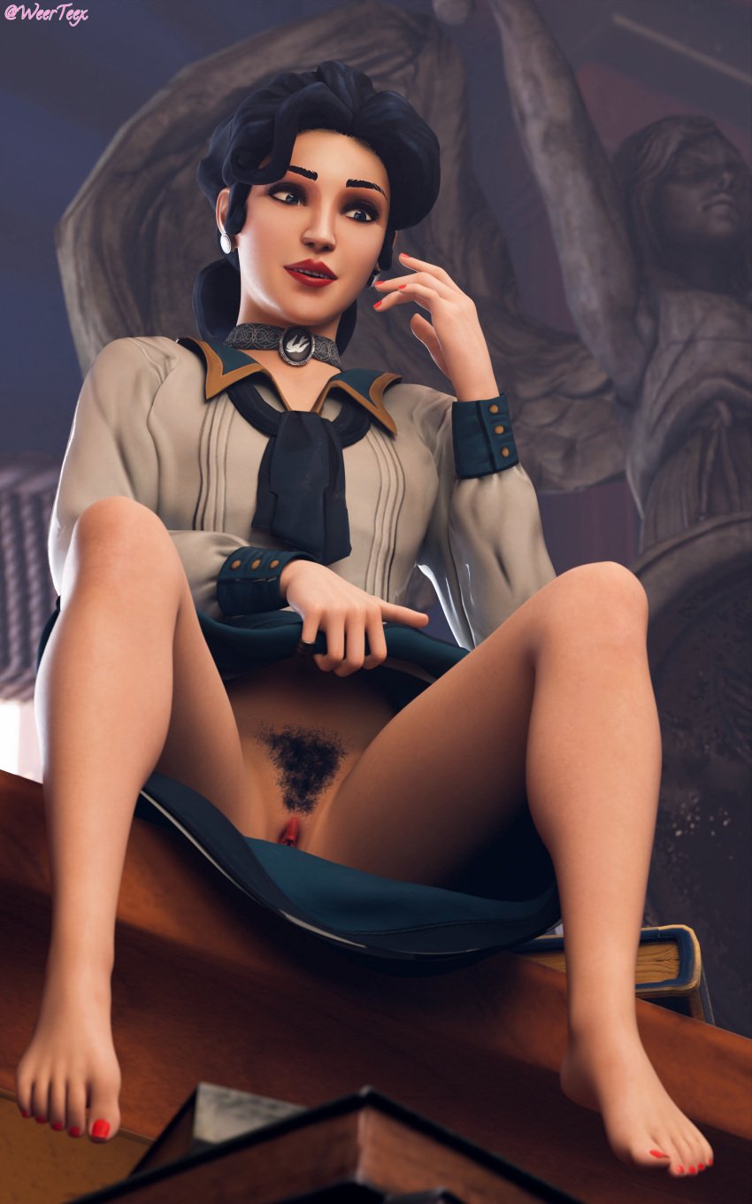 1girls 3d bioshock bioshock_infinite blender3d blue_eyes blue_hair clothing crossover elizabeth_comstock_(cosplay) fairy_tales feet female female_focus female_pubic_hair indoors literature presenting_pussy pubic_hair public_domain pussy_peek red_lipstick red_nails snow_white_(the_wolf_among_us) teasing the_wolf_among_us upskirt weerteex without_panties