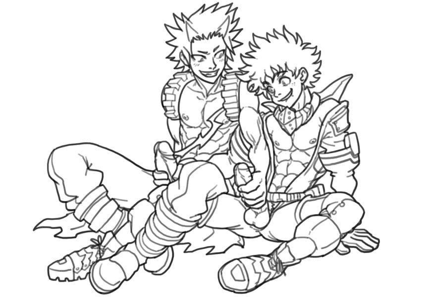 2boys abs boner eijirou_kirishima erection foreskin gay grin handjob izuku_midoriya jacking_each_other_off male male/male male_only monochrome multiple_boys muscles muscular muscular_male my_hero_academia penis penis_grab schizoid shoes sitting sketch smile toned toned_male uncircumcised yaoi