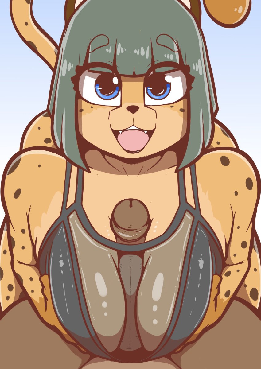 1boy 1girls absurd_res animal_humanoid between_breasts big_breasts blue_eyes bodily_fluids body_markings boobjob bra breast_play breasts cheetah cheetah_ears cheetah_girl cheetah_tail clothed_paizuri dark-skinned_male dark_skin digital_drawing_(artwork) digital_media_(artwork) fangs feline female female_focus green_hair hands_on_breasts hi_res holding_own_breasts humanoid looking_at_viewer male male/female mammal mammal_humanoid markings open_mouth original original_character paizuri penile pov quin-nsfw rika_(quin-nsfw) see-through_clothing sex shiny_skin short_hair smile smiling smiling_at_viewer spots tagme titjob topwear