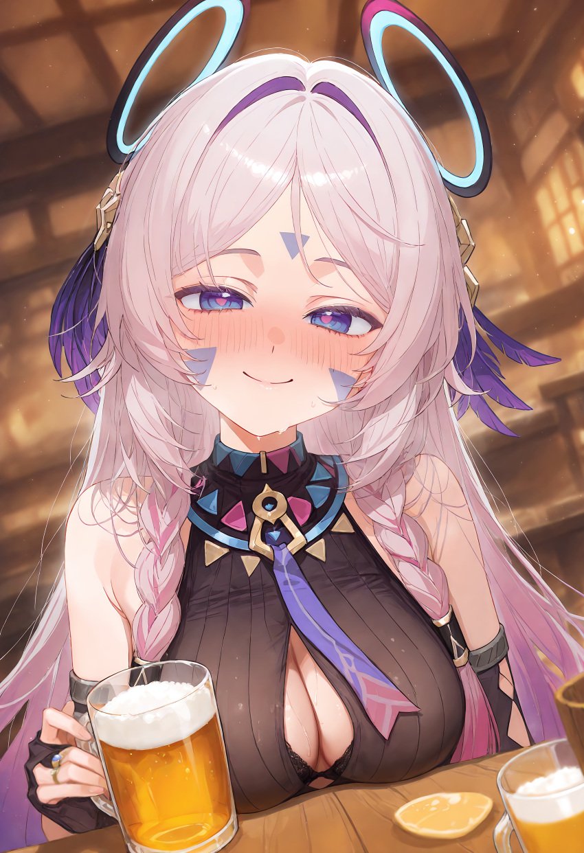 1girls ai_generated beer blush bra_peek breasts citlali_(genshin_impact) cleavage drink drunk female genshin_impact looking_at_viewer medium_breasts mihoyo pov pov_eye_contact smile solo