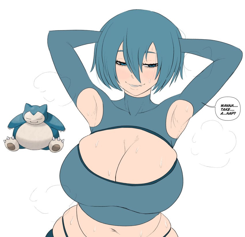 1girls armpits big_boobs big_breasts blue_eyes blue_hair blue_hair_female boobs brown_hair clothed clothed_female female female_focus female_only generation_1_pokemon human humanized humanized_pokemon light-skinned_female light_skin nintendo pokemon snorlax solo solo_female solo_focus truelordpotato