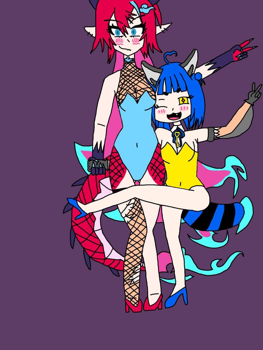 ass_visible_through_thighs bad_art belly_button_visible_through_clothing blue_bunnysuit blue_eyes blue_hair blue_high_heels blue_highlights blue_streak blue_tail blush bunnysuit choker cloud_hair_ornament detached_sleeves detatched_collar dragon_scales dragon_tail endless_(idol_corp) fishnet_legwear fishnet_topwear grey_gloves heart_ahoge holding_hands idol-en idol_corp kai_saikota key_necklace knees_together_feet_apart neck_bow nodders one_leg_up peace_sign pink_highlights poko_rakun purple_hands raccoon_ears raccoon_girl raccoon_tail red_hair red_high_heels self_upload shaped_pupils tail_flame thigh_gap torn_legwear transparent_sleeves virtual_youtuber yellow_bunnysuit yellow_eyes