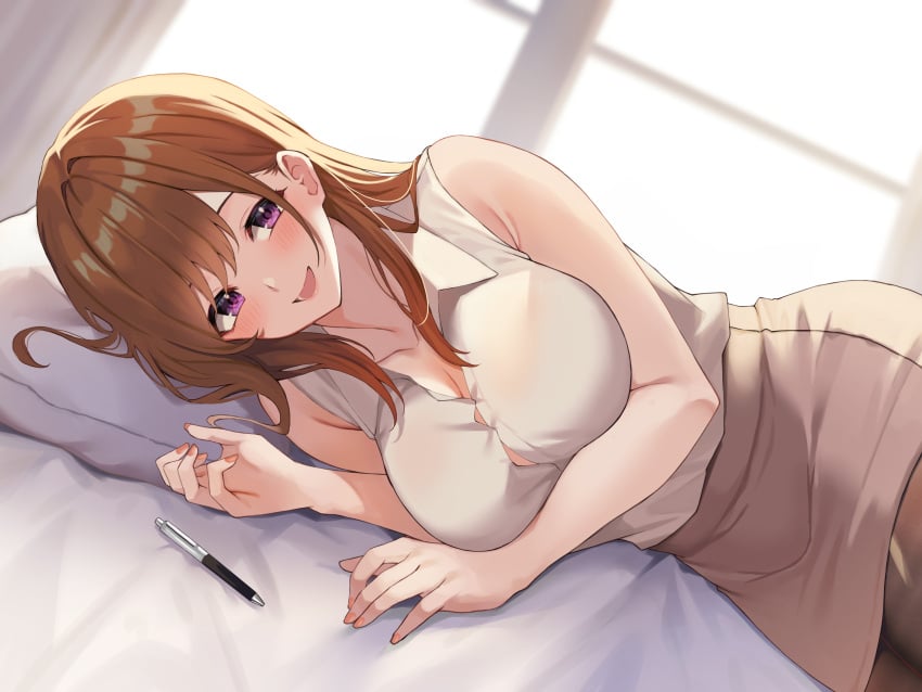 1girls absurd_res bare_arms bed_sheet big_breasts breasts brown_hair brown_skirt bursting_breasts cleavage collarbone collared_shirt curtains hi_res indoors long_hair looking_at_viewer lying nail_polish on_bed on_side open_mouth original pen pillow purple_eyes shirt sidelocks skirt sleeveless sleeveless_shirt smile solo udon_(udonalium) white_shirt window