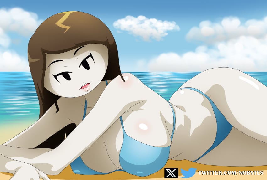 1girls 2d 2d_(artwork) alice_hamilton beach big_breasts bikini blue_bikini breasts brown_hair clouds female female_only henry_stickmin_(game) long_hair looking_at_viewer lying_down lying_on_side mob_face nipples_visible_through_bikini nobytes_(artist) ocean open_mouth solo solo_female thick_thighs