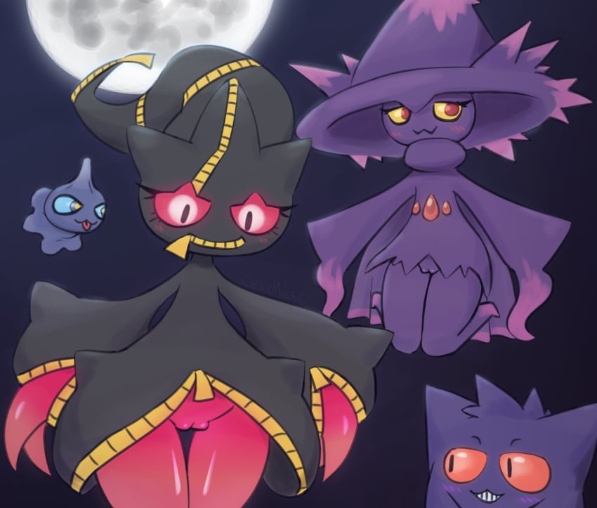 2024 :3 anthro big_hat blush bottomless female floating gengar ghost ghost_girl lewdnewt looking_at_pussy looking_away looking_down mega_banette mismagius moon nintendo nude pokémon_(species) pokemon pokemon_(species) purple_body purple_hat pussy red_body red_eyes red_sclera shuppet simple_background smug video_games yellow_sclera zipper